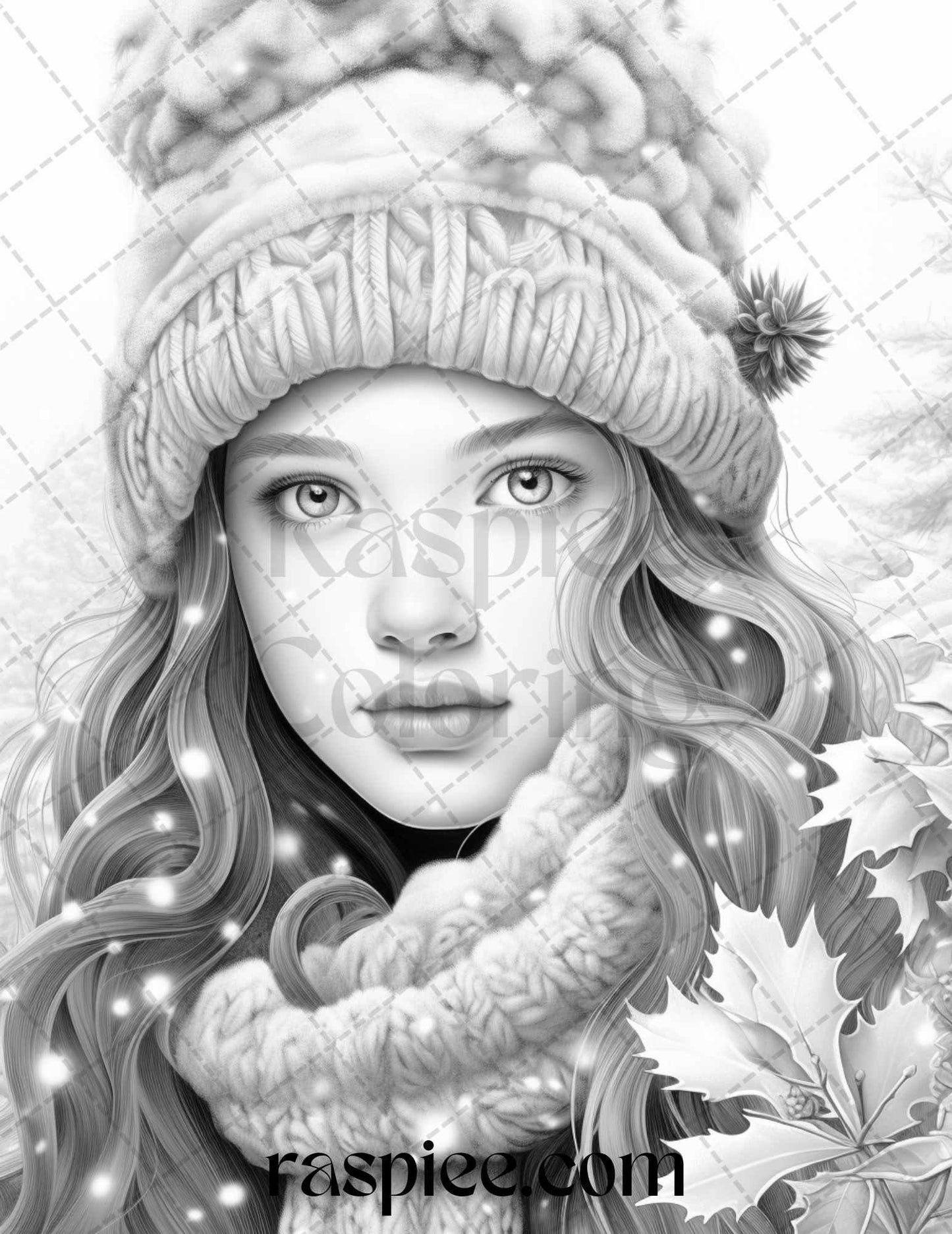 60 Beautiful Winter Girls Grayscale Coloring Pages Printable for Adults, PDF File Instant Download