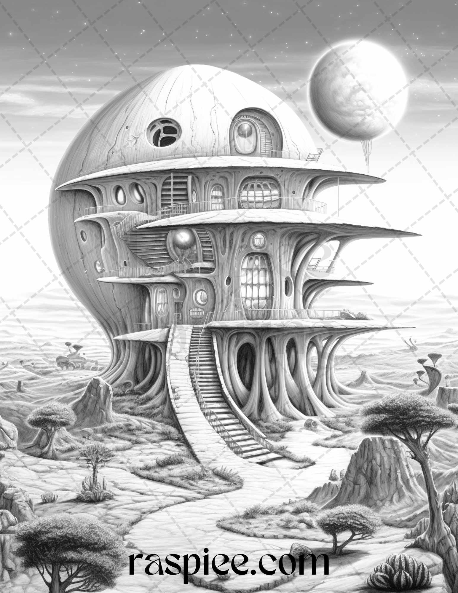 40 Alien Houses Grayscale Coloring Pages for Adults, Printable PDF File Instant Download