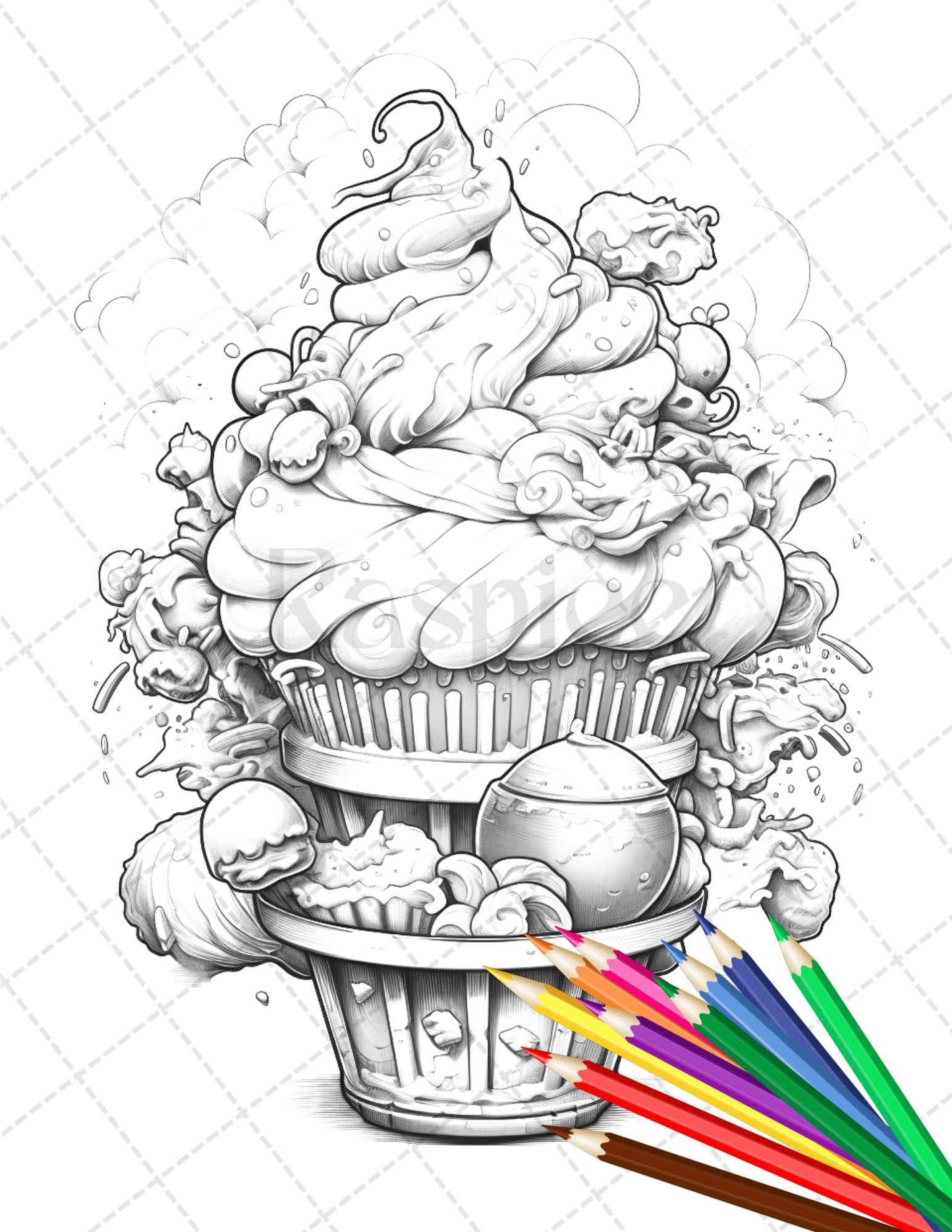 36 Sweet Desserts Coloring Pages Printable for Adults, Grayscale Coloring Page, PDF File Instant Download