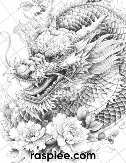 60 Traditional Japanese Tattoos Grayscale Adult Coloring Pages, Printable PDF Instant Download