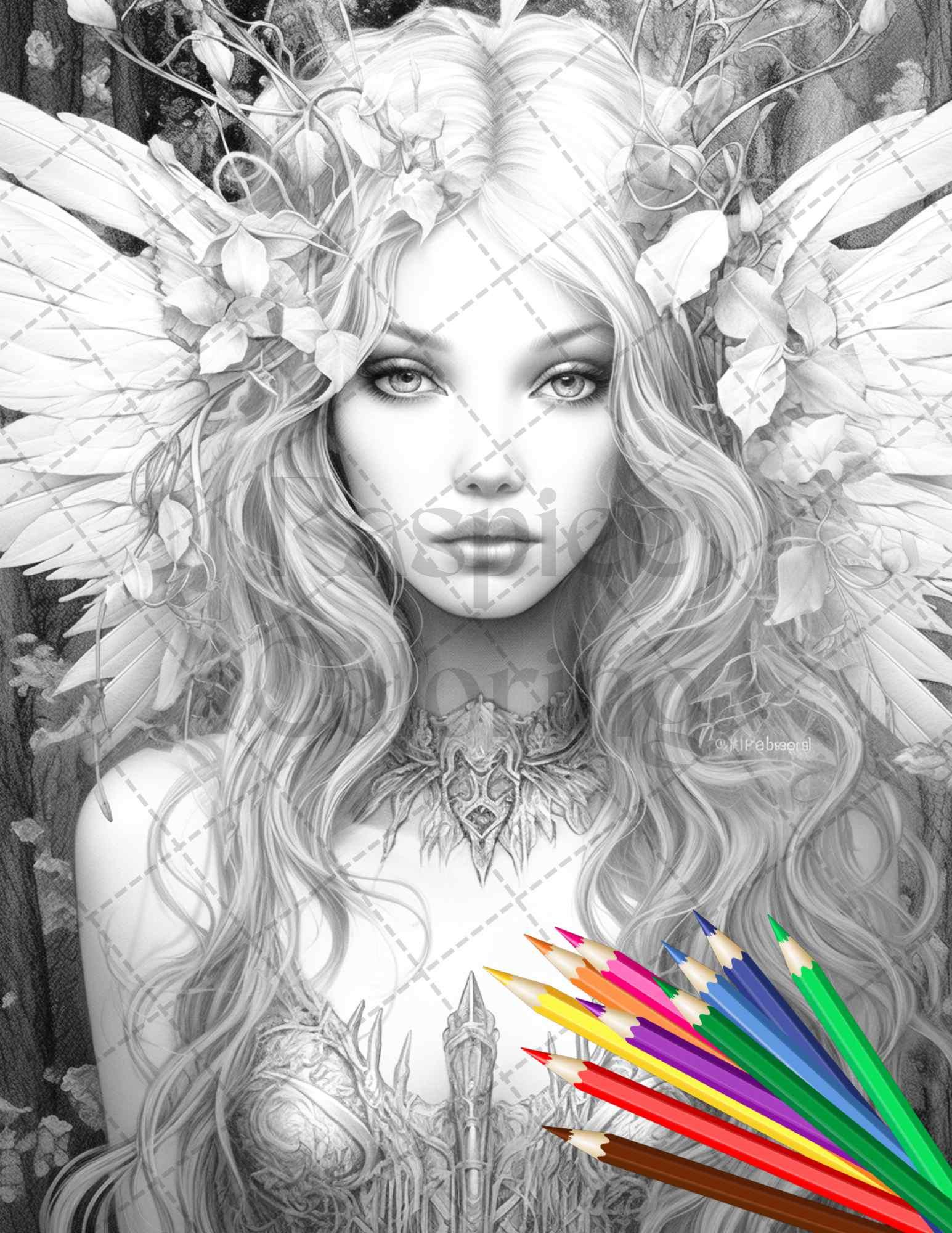 Beautiful Dark Fairy Grayscale Coloring Pages Printable for Adults, PDF File Instant Download