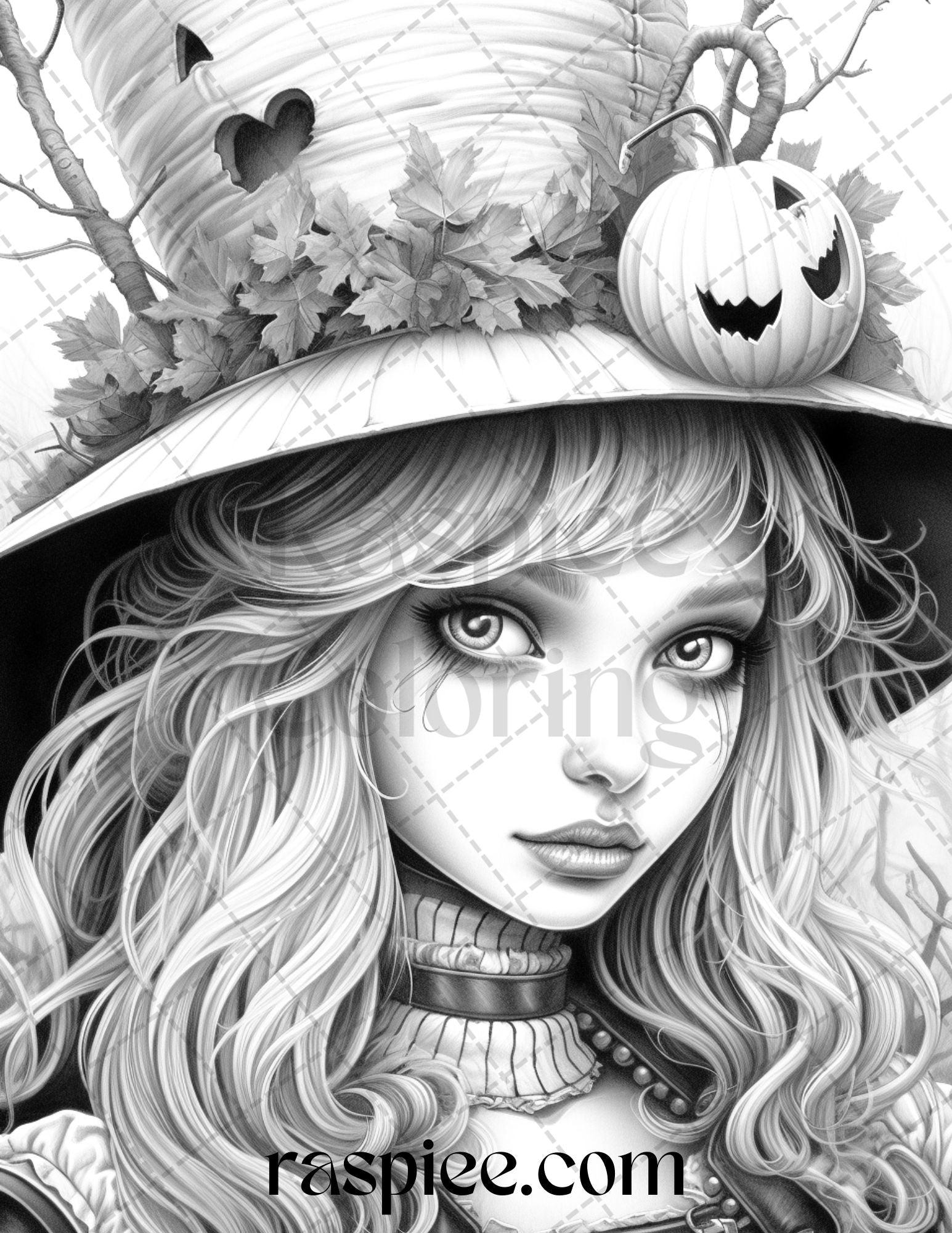 55 Halloween Girls Grayscale Coloring Pages Printable for Adults, PDF File Instant Download