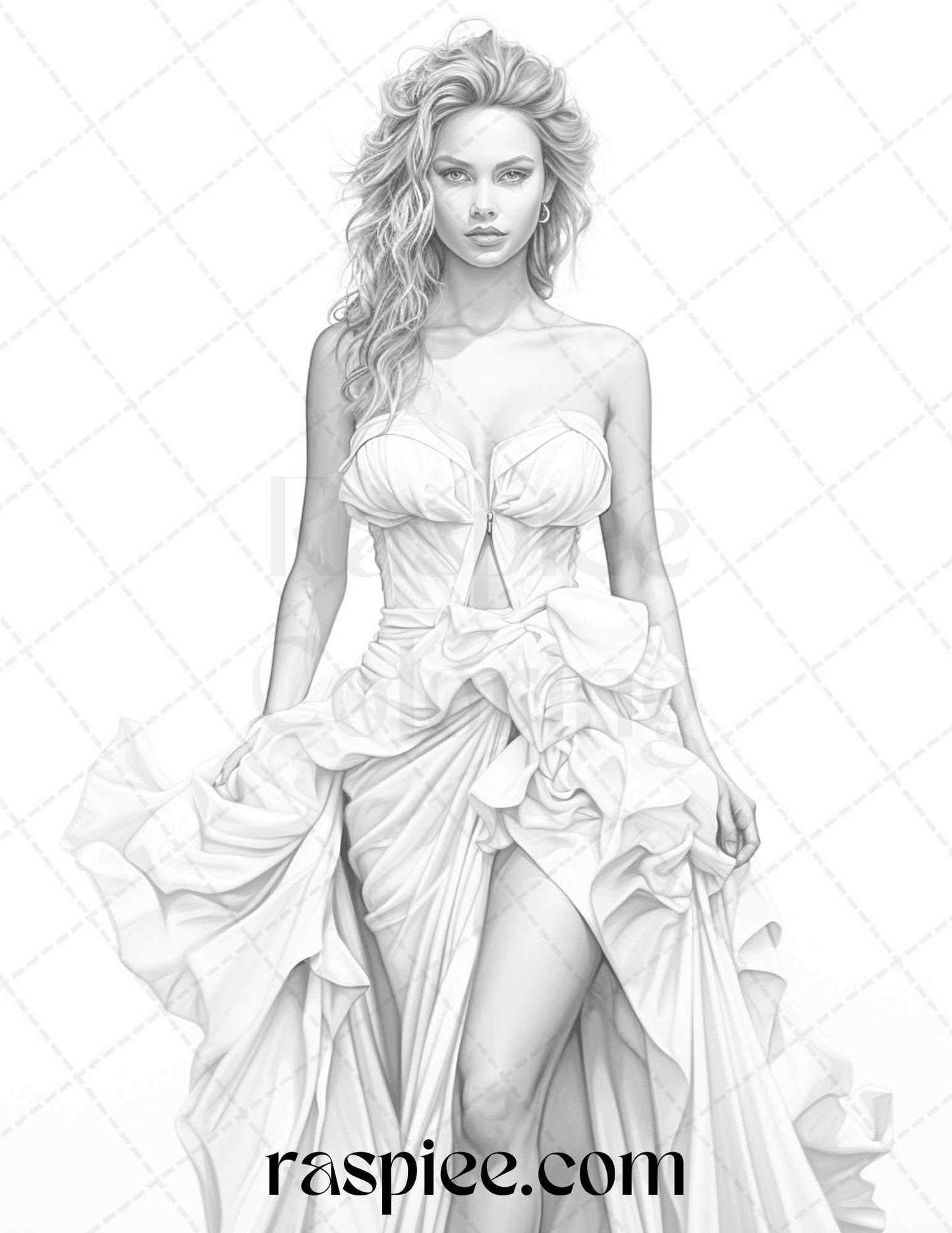 Fashion Show Grayscale Coloring Pages Printable for Adults, PDF File Instant Download