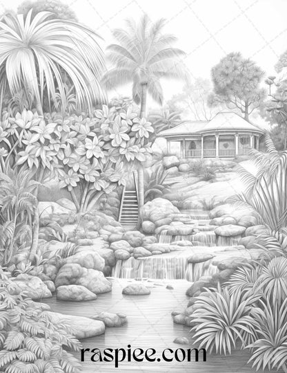 52 Tropical Oasis Grayscale Coloring Pages Printable for Adults, PDF File Instant Download