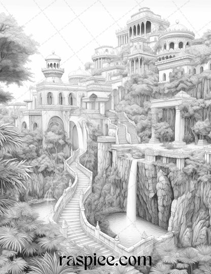 Hanging Gardens of Babylon Grayscale Coloring Pages Printable, PDF File Instant Download