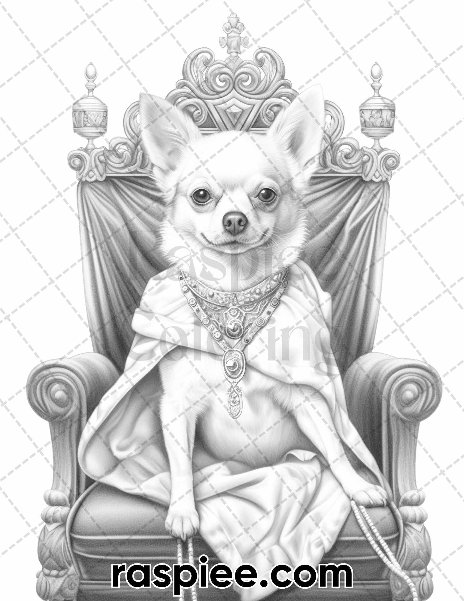 50 Royal King Dog Grayscale Coloring Pages for Adults, Printable PDF Instant Download