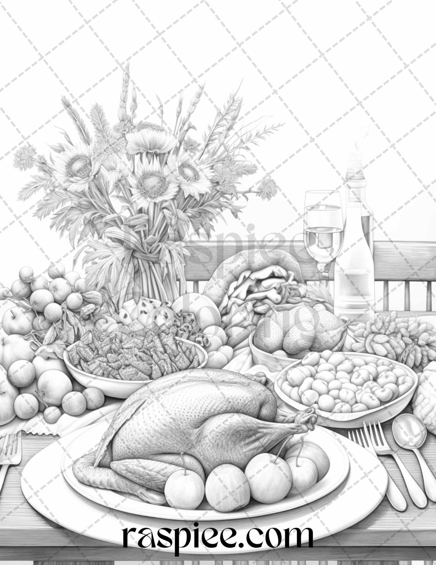 Thanksgiving Dinner Grayscale Coloring Pages for Adults, Relaxing Fall Coloring Sheets, Printable PDF File Instant Download