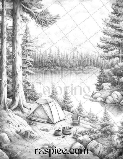 Nature Camping Grayscale Coloring Pages Printable, Relaxing Outdoor Scenes, PDF File Instant Download