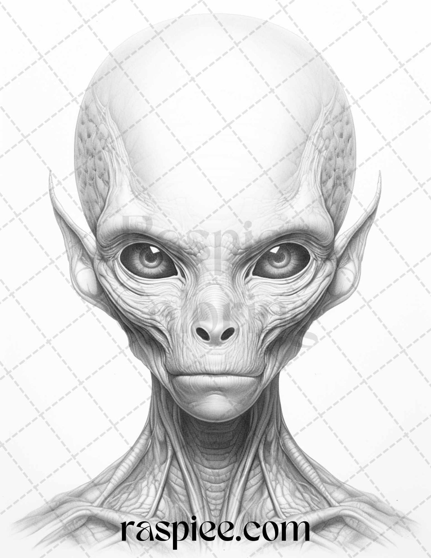 65 Alien Portrait Grayscale Coloring Pages for Adults, Printable PDF File Instant Download