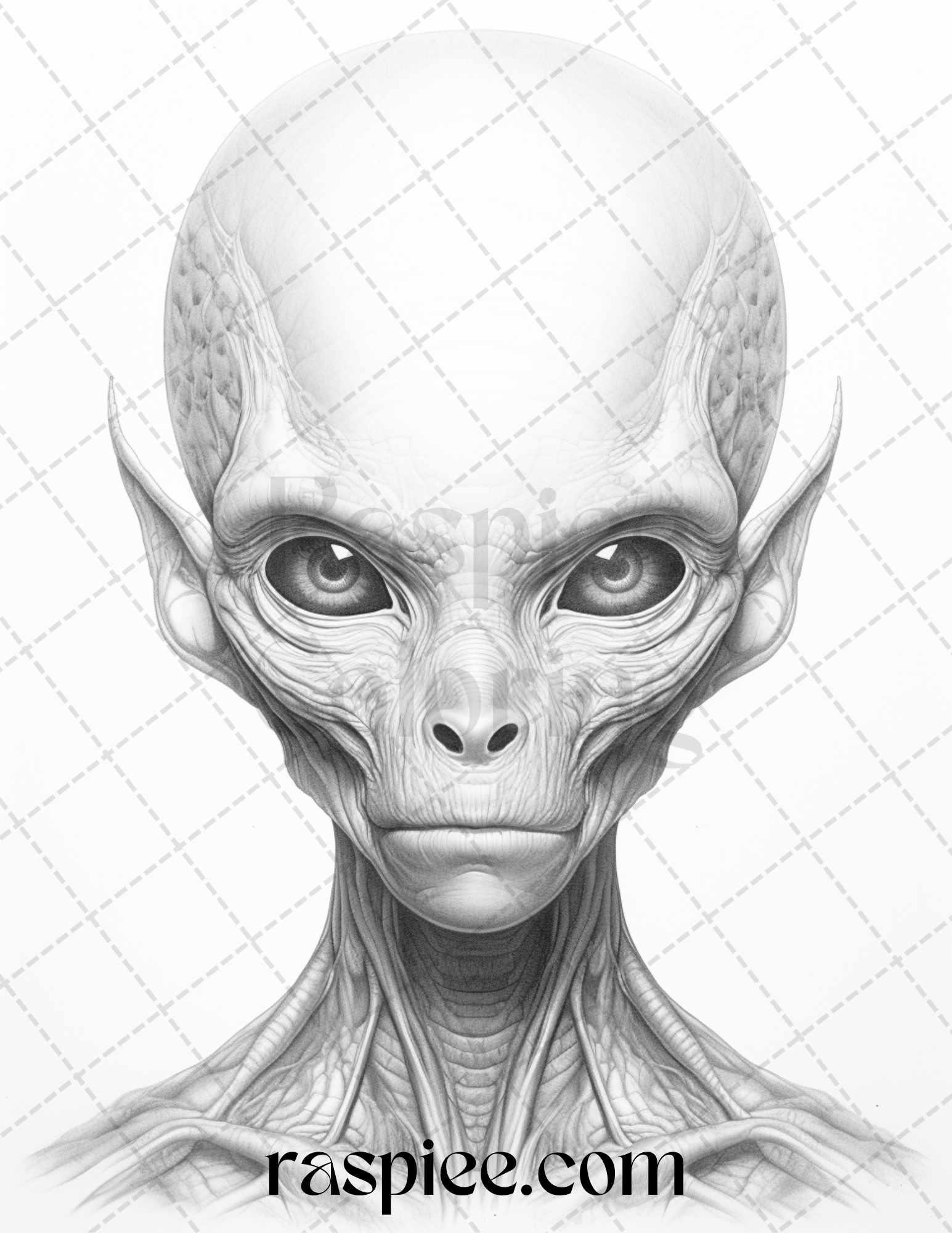 65 Alien Portrait Grayscale Coloring Pages for Adults, Printable PDF File Instant Download