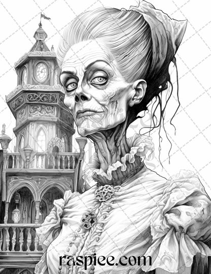 60 Halloween Victorian Era Grayscale Coloring Pages Printable for Adults, PDF File Instant Download