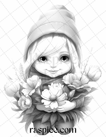 50 Flower Gnomes Grayscale Coloring Pages Printable for Adults Kids, PDF File Instant Download