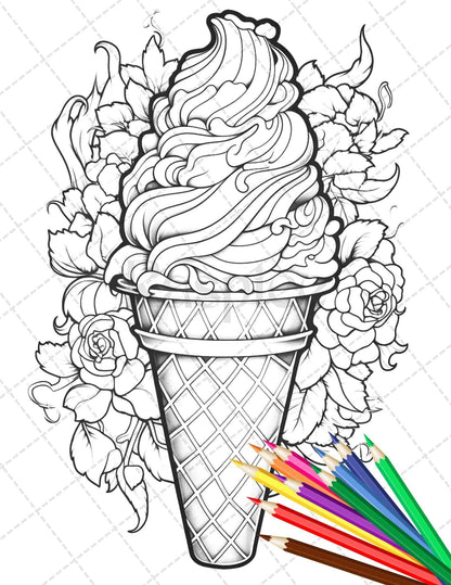 52 Printable Ice Cream Desserts Coloring Pages for Adults and Kids, Grayscale Coloring Page, PDF File Instant Download