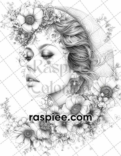 60 Boho Moon Floral Grayscale Adult Coloring Pages Printable PDF Instant Download