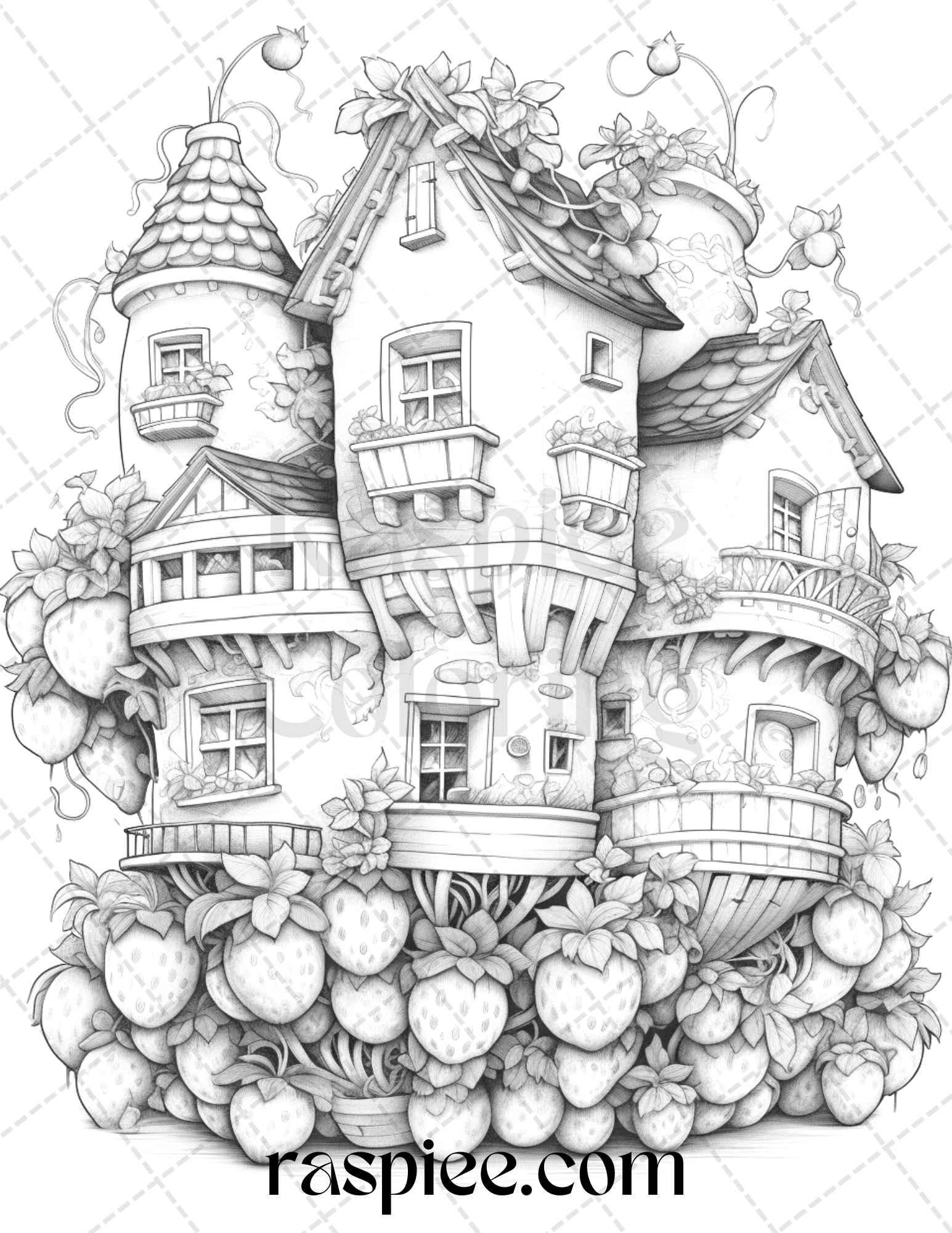 50 Strawberry Houses Grayscale Coloring Pages Printable for Adults Kids, PDF File Instant Download