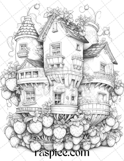 50 Strawberry Houses Grayscale Coloring Pages Printable for Adults Kids, PDF File Instant Download