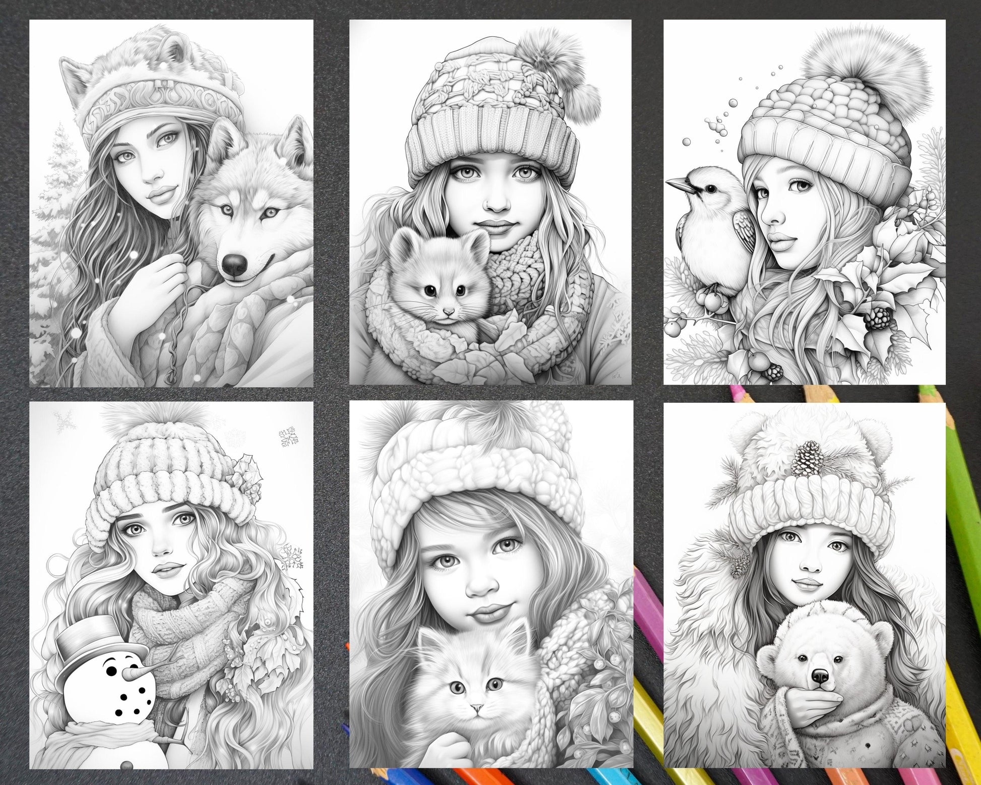 60 Beautiful Winter Girls Grayscale Coloring Pages Printable for Adults, PDF File Instant Download