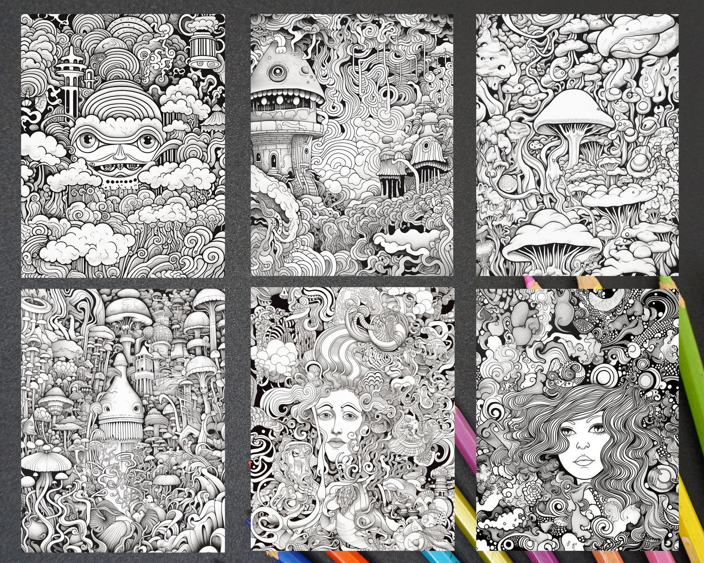 Psychedelic Trippy Coloring Book Printable for Adults, Grayscale Coloring Page, PDF File Instant Download
