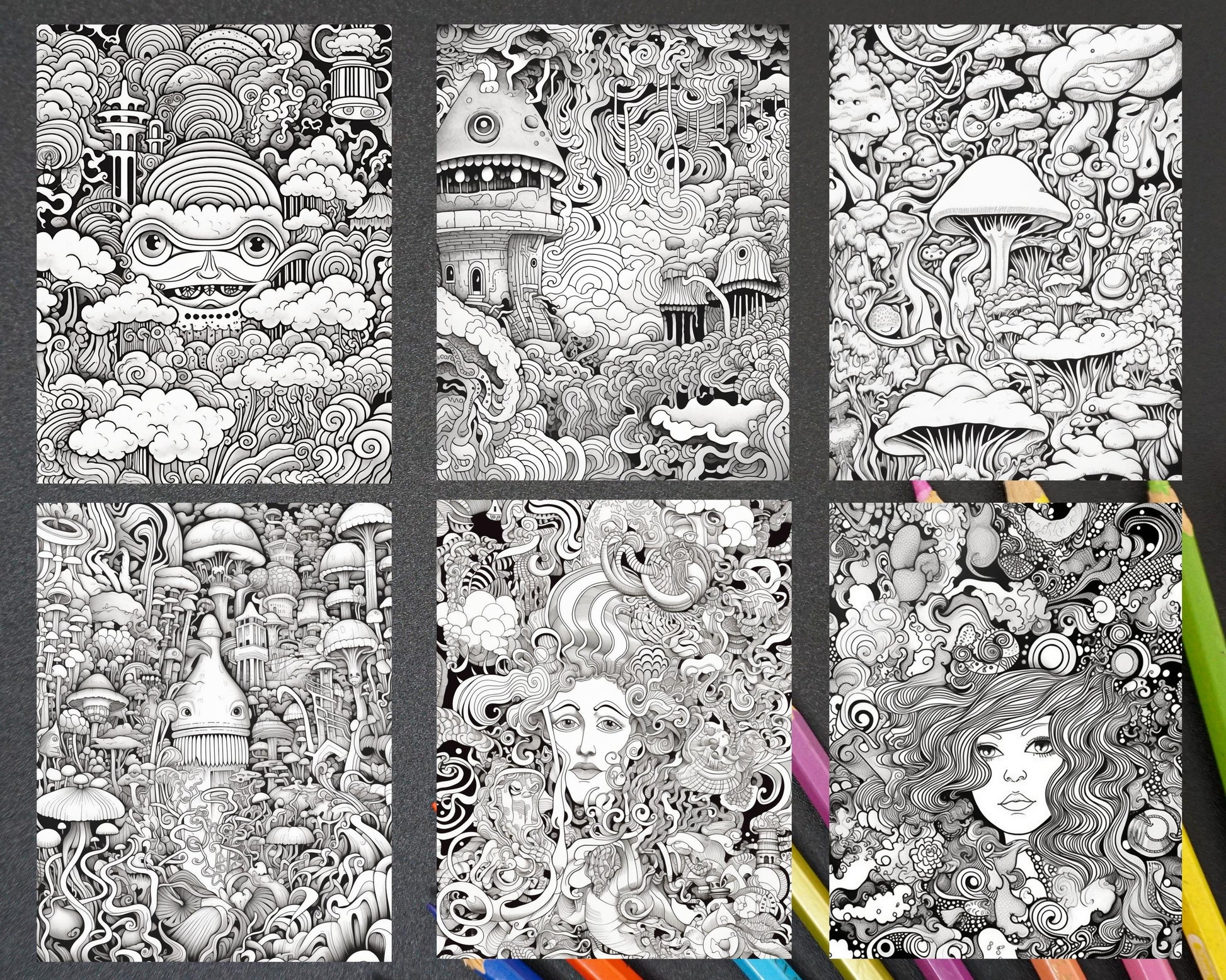 Psychedelic Trippy Coloring Book Printable for Adults, Grayscale Coloring Page, PDF File Instant Download