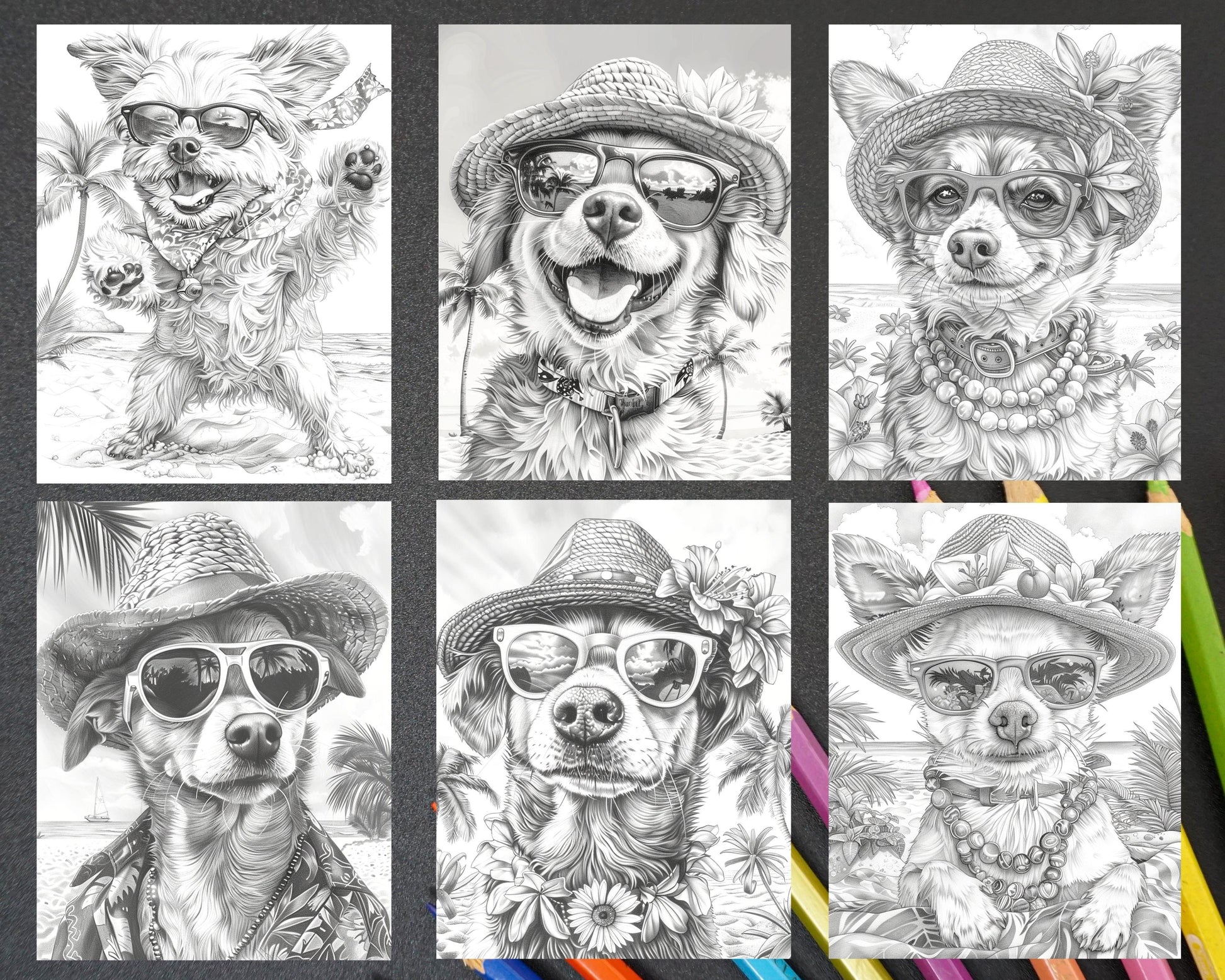 90 Summer Dogs Grayscale Adult Coloring Pages, Printable PDF Instant Download