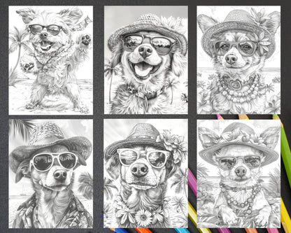 90 Summer Dogs Grayscale Adult Coloring Pages, Printable PDF Instant Download