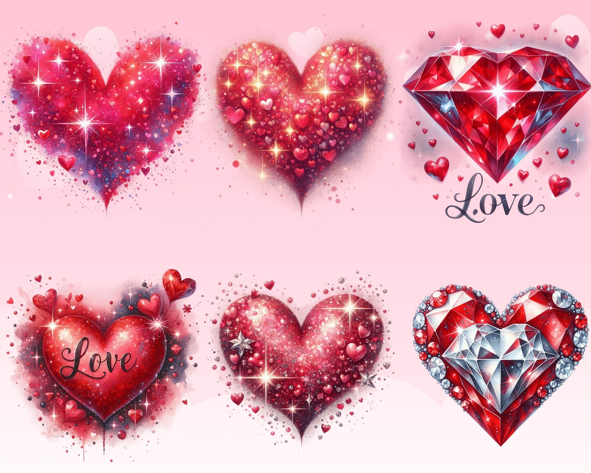 Romantic Valentine Heart Clipart Bundle, 52 PNG High-Res Files for Commercial Use and DIY Projects