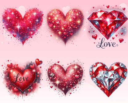 Romantic Valentine Heart Clipart Bundle, 52 PNG High-Res Files for Commercial Use and DIY Projects