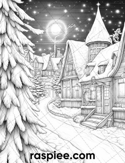 60 Merry Christmas Grayscale Coloring Pages Printable for Adult, Holiday Relaxation Art, PDF File Instant Download