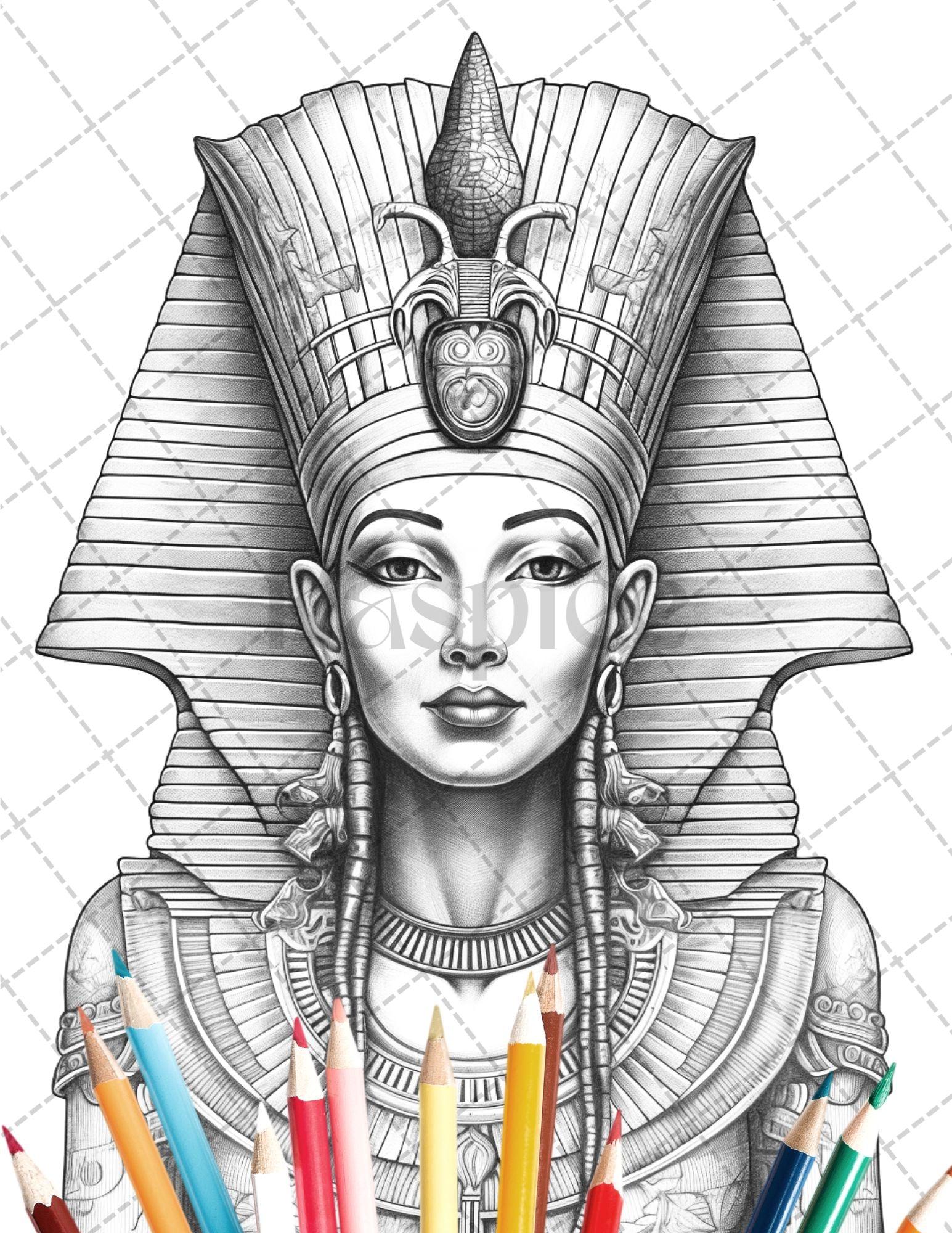 35 Ancient Egyptian Queens Coloring Book Printable for Adults, Grayscale Coloring Page, PDF File Instant Download
