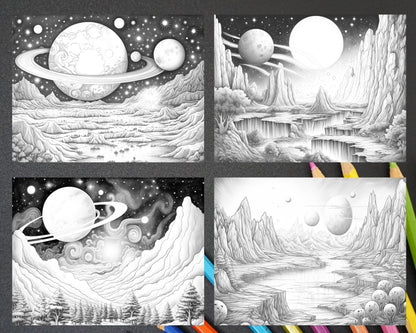 55 Celestial Landscapes Grayscale Coloring Pages Printable for Adults, PDF File Instant Download