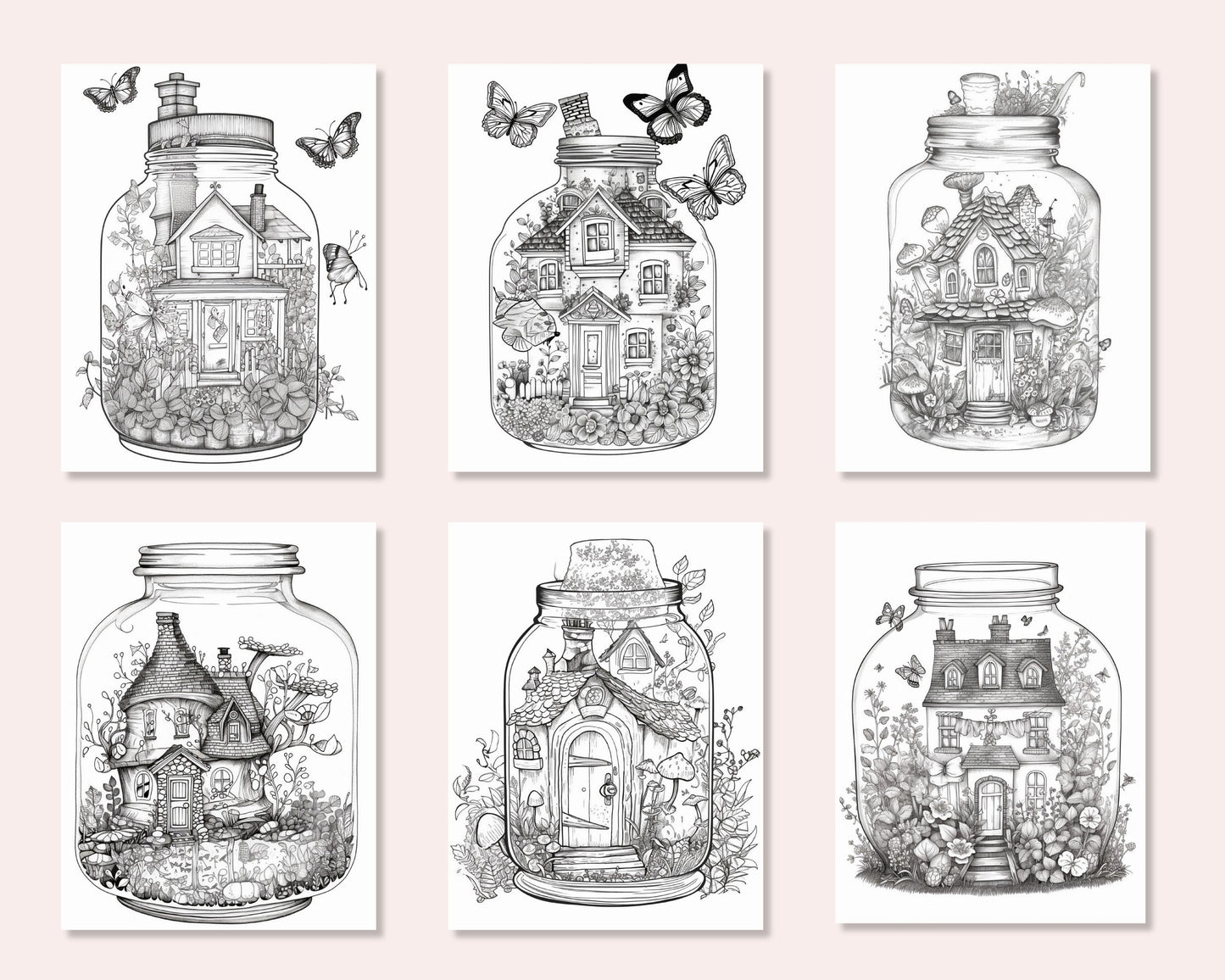 50 Printable Fairy Houses in Jar Coloring Pages for Adults, Grayscale Coloring Book, Stress Relief Coloring Pages, Printable PDF Instant Download