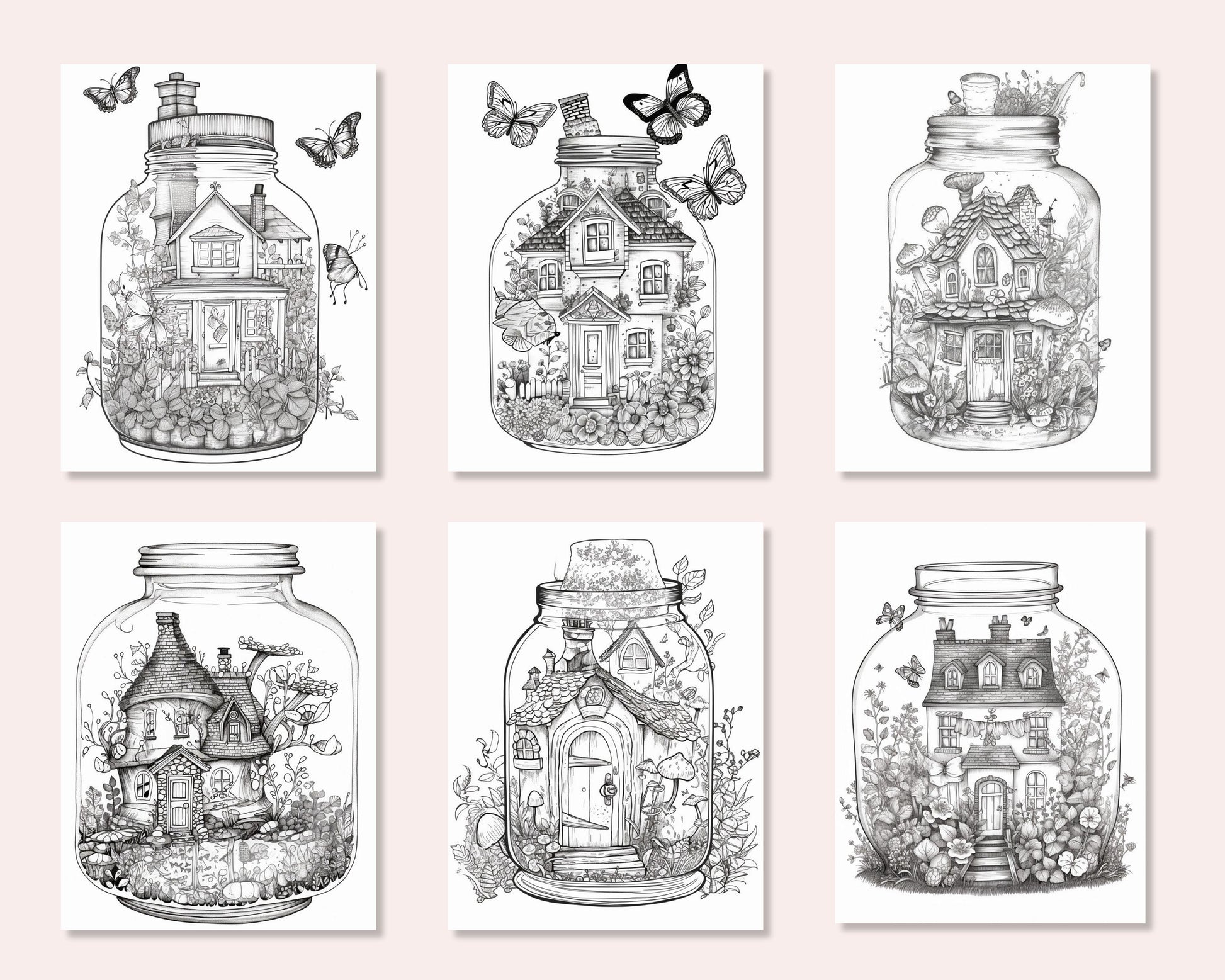 50 Printable Fairy Houses in Jar Coloring Pages for Adults, Grayscale Coloring Book, Stress Relief Coloring Pages, Printable PDF Instant Download