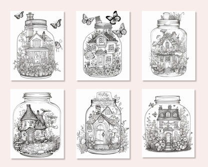 50 Printable Fairy Houses in Jar Coloring Pages for Adults, Grayscale Coloring Book, Stress Relief Coloring Pages, Printable PDF Instant Download