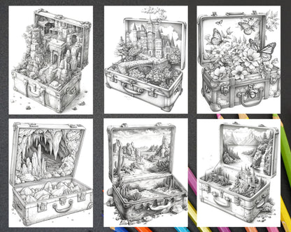 67 Worlds in a Suitcase Grayscale Adult Coloring Pages, Printable PDF Instant Download