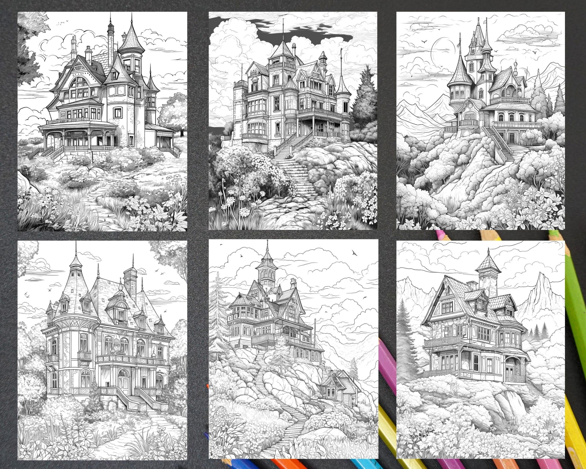 122 Fantasy Castles Coloring Book for Adults, Grayscale Coloring Page, Printable PDF Instant Download