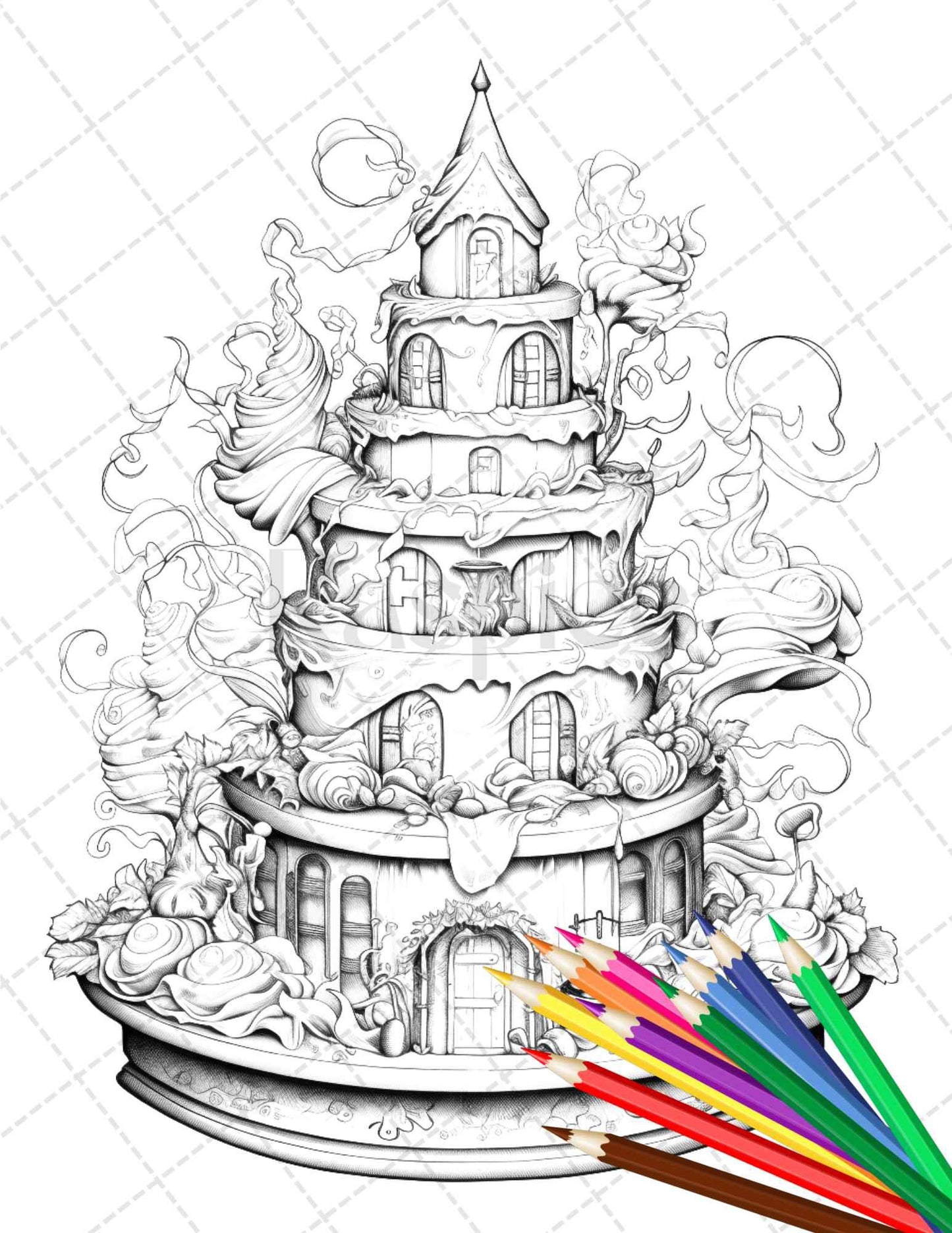38 Whimsical Cakes Grayscale Coloring Pages for Adults, PDF File Instant Download