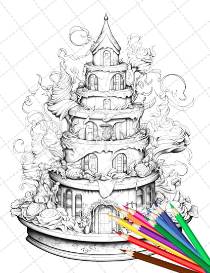 38 Whimsical Cakes Grayscale Coloring Pages for Adults, PDF File Instant Download