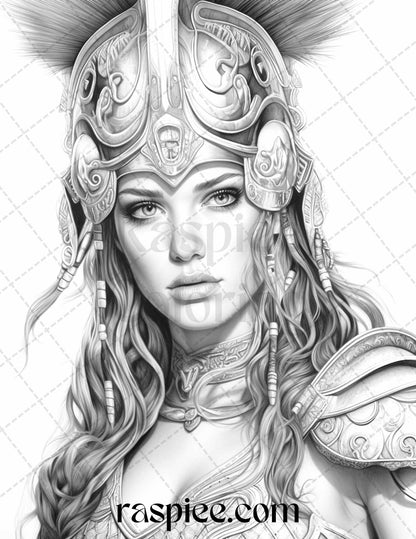 Greek Women Warriors Grayscale Coloring Pages for Adults, Printable PDF File Instant Download