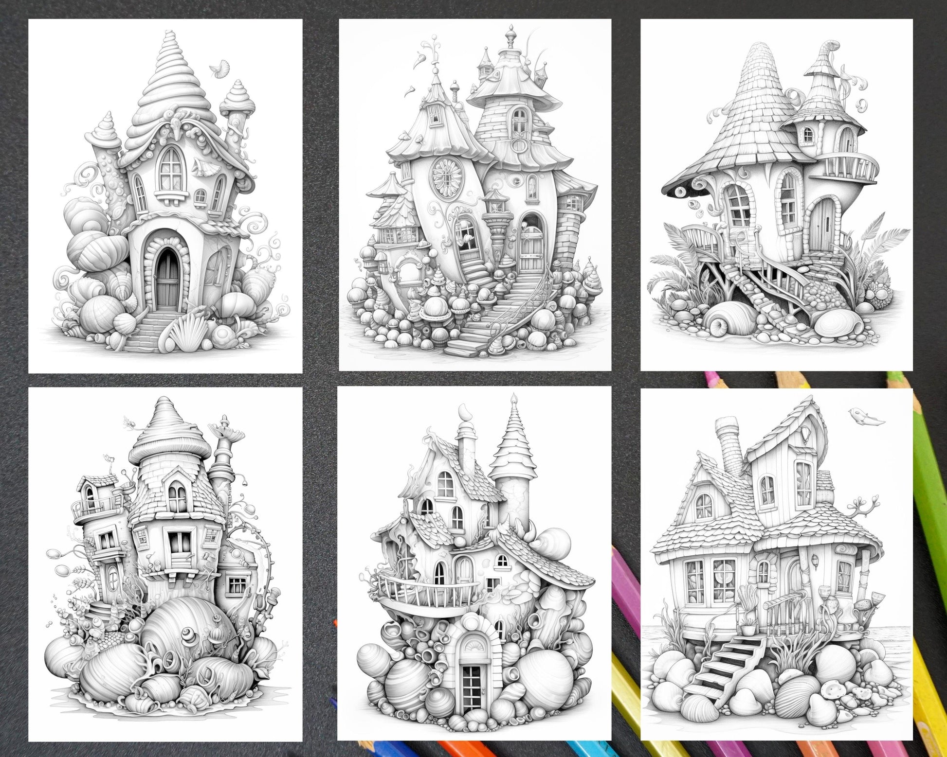 50 Seashell Houses Grayscale Adult Coloring Pages, Printable PDF Instant Download