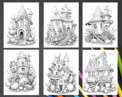 50 Seashell Houses Grayscale Adult Coloring Pages, Printable PDF Instant Download