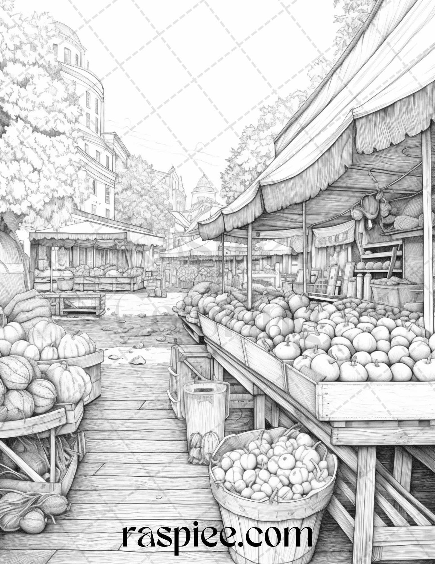 Autumn Street Markets Grayscale Coloring Pages for Adults, Printable PDF File Instant Download