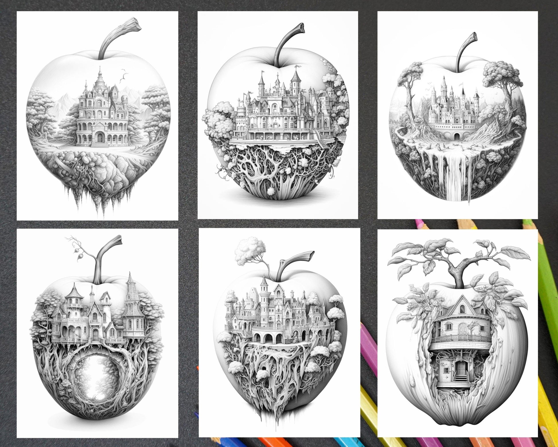 60 Miniworld in the Apple Grayscale Coloring Pages Printable for Adults, PDF File Instant Download