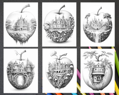 60 Miniworld in the Apple Grayscale Coloring Pages Printable for Adults, PDF File Instant Download