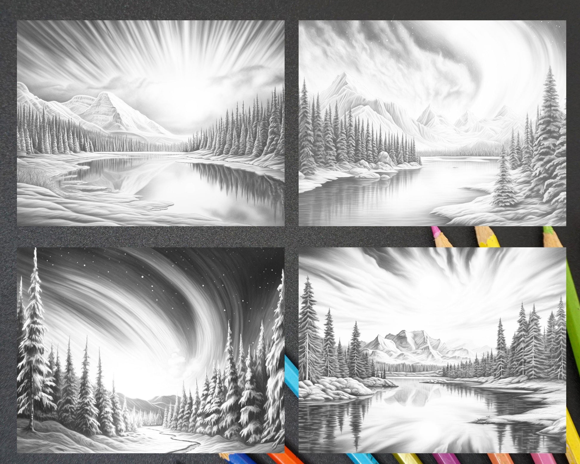Aurora Borealis Landscape Grayscale Coloring Pages for Adults, Printable PDF File Instant Download