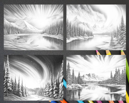 Aurora Borealis Landscape Grayscale Coloring Pages for Adults, Printable PDF File Instant Download