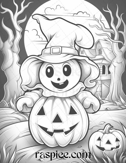 50 Halloween Cute Ghosts Grayscale Coloring Printable for Adults Kids, PDF File Instant Download