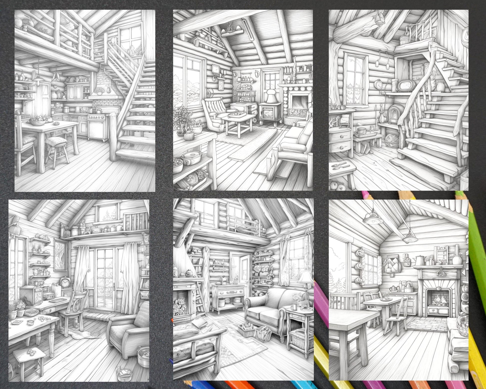 Cozy Cabin Interior Grayscale Coloring Pages Printable for Adults, PDF File Instant Download