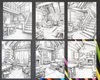 Cozy Cabin Interior Grayscale Coloring Pages Printable for Adults, PDF File Instant Download