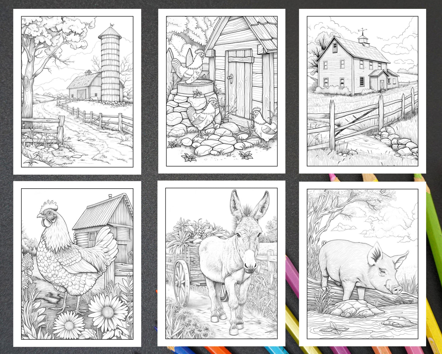 50 Country Farm Scenes Adult Coloring Pages Printable PDF Instant Download