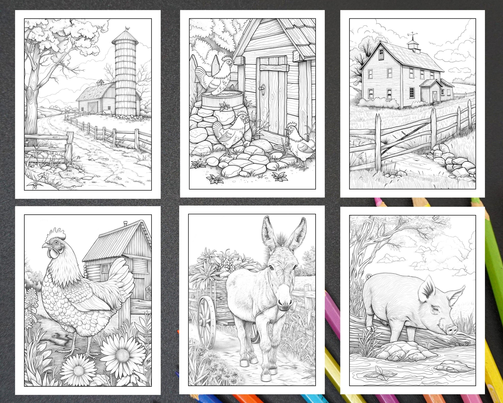 50 Country Farm Scenes Adult Coloring Pages Printable PDF Instant Download